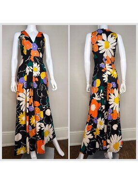 Vintage 1960s/70s Black Floral Wide Leg Jumpsuit, Size XXS/XS